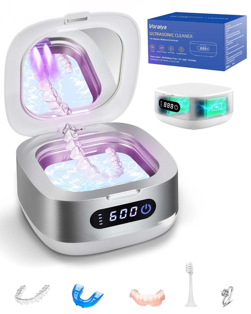 Voraiya Portable Ultrasonic Retainer Cleaner 4000mAh Rechargeable IPX6 Waterproof Retainer Cleaner Machine For Mouth Guard,Night Guard,Aligner,Small Denture Cleaning Pod For Teenagers,Adults,Travel (White Sliver)