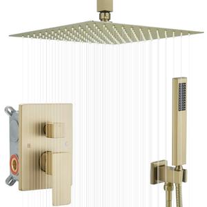Ceiling Mounted Rain Shower Faucet Set, 16-Inch Ceiling Rainfall Shower Head with Handheld Spray Contain Rough-in Valve and Trim Included, Brushed Gold
