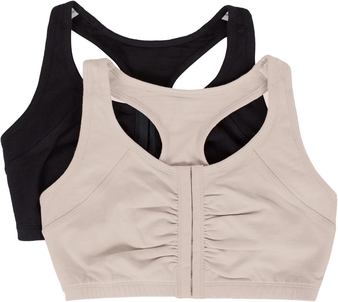 Fruit of the Loom Woment's Front Close Racerback Sport Bra 2 Pack (44, Sand/Black Hue)