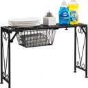 MyGift Black Metal Over the Sink Organizer Shelf with Pull Out Drawer, Expandable Kitchen Caddy Rack, Bathroom Storage Shelf Riser with Scrollwork Design