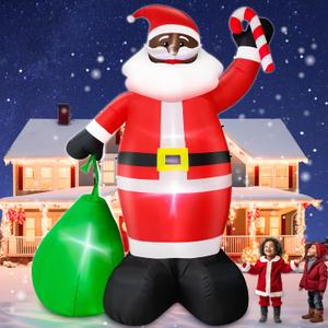 12 Ft by 7.5 Ft Giant Black Santa Christmas Inflatable Outdoor Decoration, Santa Claus Blow Up Inflatable with Candy Cane Gift Bag, Black Christmas Yard Decor Built-in LED Light for Xmas Lawn Garden