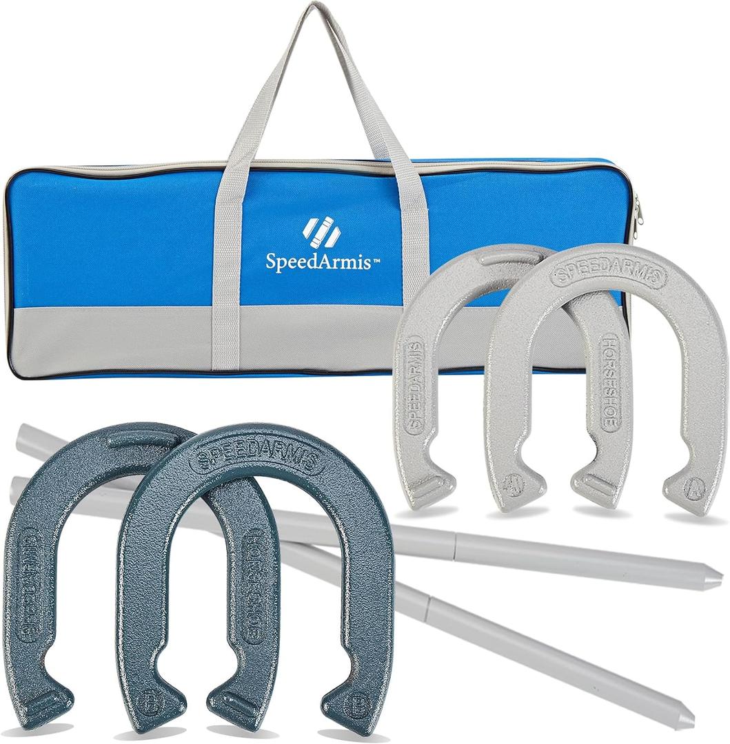 Horseshoes Outside Game Set - Universal Size Lawn Horseshoes Outdoor Games for Parties Beach Backyard, Includes 4 Horseshoes, 2 Steel Stakes and Durable Carrying Bag (Blue and Silver)