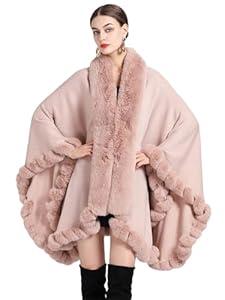 Obosoyo Wrap Cape Women Faux Fur Collar Shawl Knit Poncho Cloak Cardigan Coat Evening Dress
