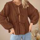 PRETTYGARDEN Women's Spring Fall Babydoll Peplum Blouse Shirt Puff Long Sleeve Bow Tie Front Trendy Cute Y2K Going Out Tops (Brown, M)