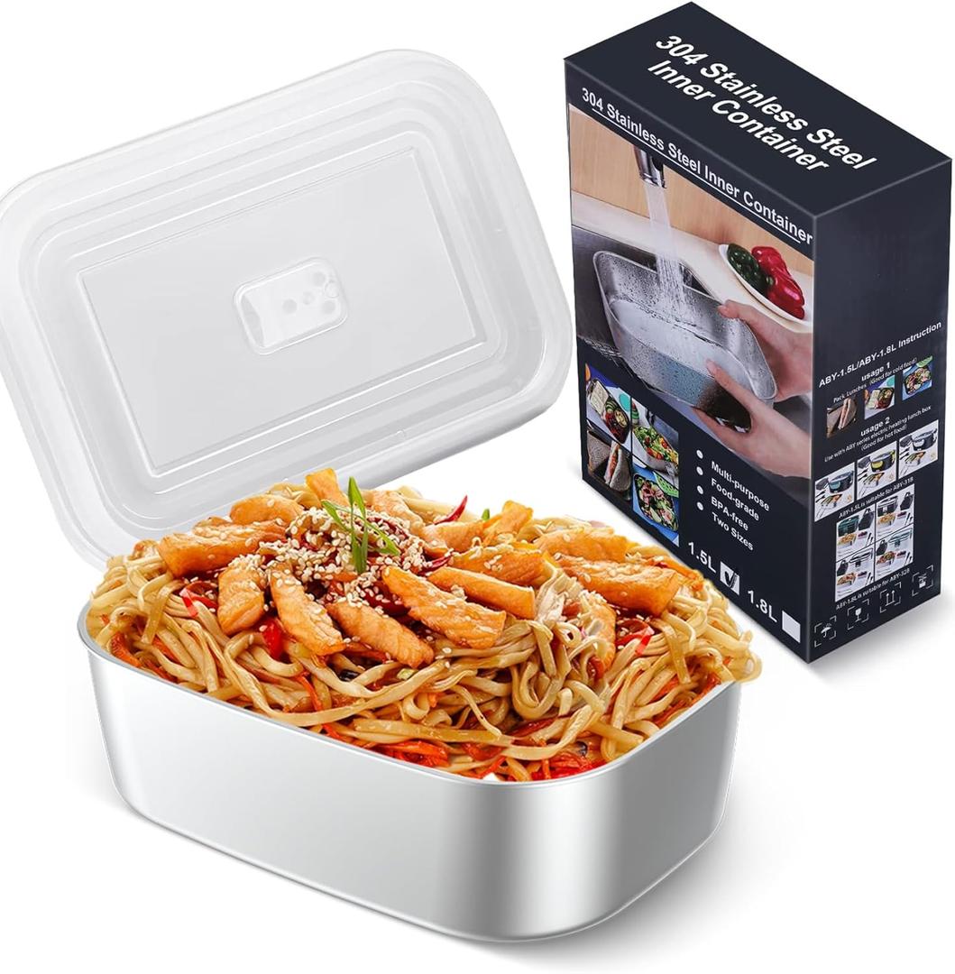 Buddew 1.5L 304 Stainless Steel Inner Container Electric Lunch Box, Removable Replacement Tray with Sealed Silicone Cover, Easy to Clean, Eco Friendly and Dishwasher Safe