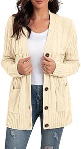 GRECERELLE Women's Long Sleeve Loose Knit Cable Open Front Button Down Cardigan Sweater Outerwear Coat with Pockets(Large, Off White)