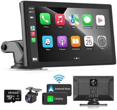 9-Inch CarPlay Screen for Car, Portable Car Stereo with Dual Dash Cam, Bluetooth, CarPlay, Backup Camera, Touchscreen, Android Auto & Wide Angle Lens