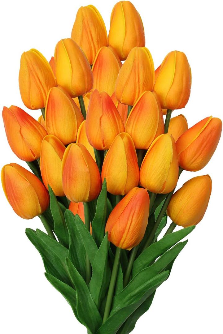20 Pcs Orange Tulips Artificial Flowers Real Touch Fake Tulips Fake Flowers for Mother's Day 13.5" Faux Tulips Faux Flowers Bulk Artificial Tulips Flowers for Vase Centerpieces Home Wedding Bouquet