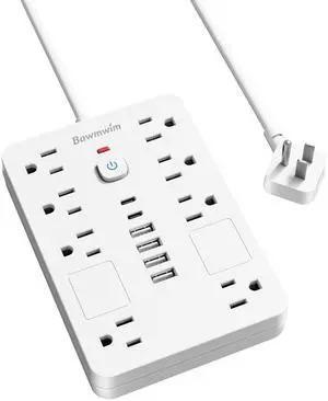 Bawmwim 8 Outlet Power Strip 6 USB Ports 10FT Flat Plug White