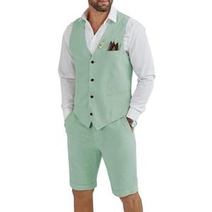 Tiefony Men's Linen 2 Piece Suit Slim Fit Wedding Groom Groomsmen Summer Vest Shorts Set, Gray, Medium