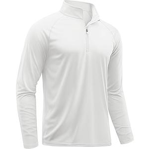 Men's Long Sleeve Athletic Shirts 1/4 Pullover Zip Sun Protection Rash Guard UPF 50+ Outdoor Running T-Shirts, White, Size M