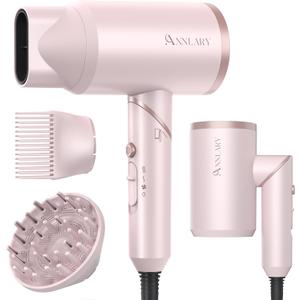 ANNLARY Hair Dryer with Comb | 1800W Blow Dryer with Diffuser for Curly Hair | Plasma Ionic Hairdryer for Frizz Control | Foldable & Protable Design for Travel | 6.5 ft ALCI Cord for Women and Men (Pink)