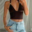 Milumia Women's Metal Deep V Neck Halter Top Sexy Backless Slim Fit Party Crop Tops (Brown, M)