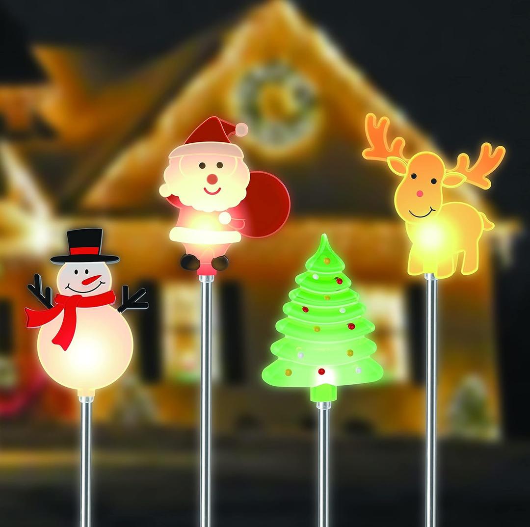 Glintoper 4 Pack Solar Christmas Figurine Lights, Outdoor Lighted Decorative Santa Claus, Snowman, Xmas Tree & Reindeer with Garden Stakes, Warm White LED Lighting Yard Stake for Path Lawn Patio Decor