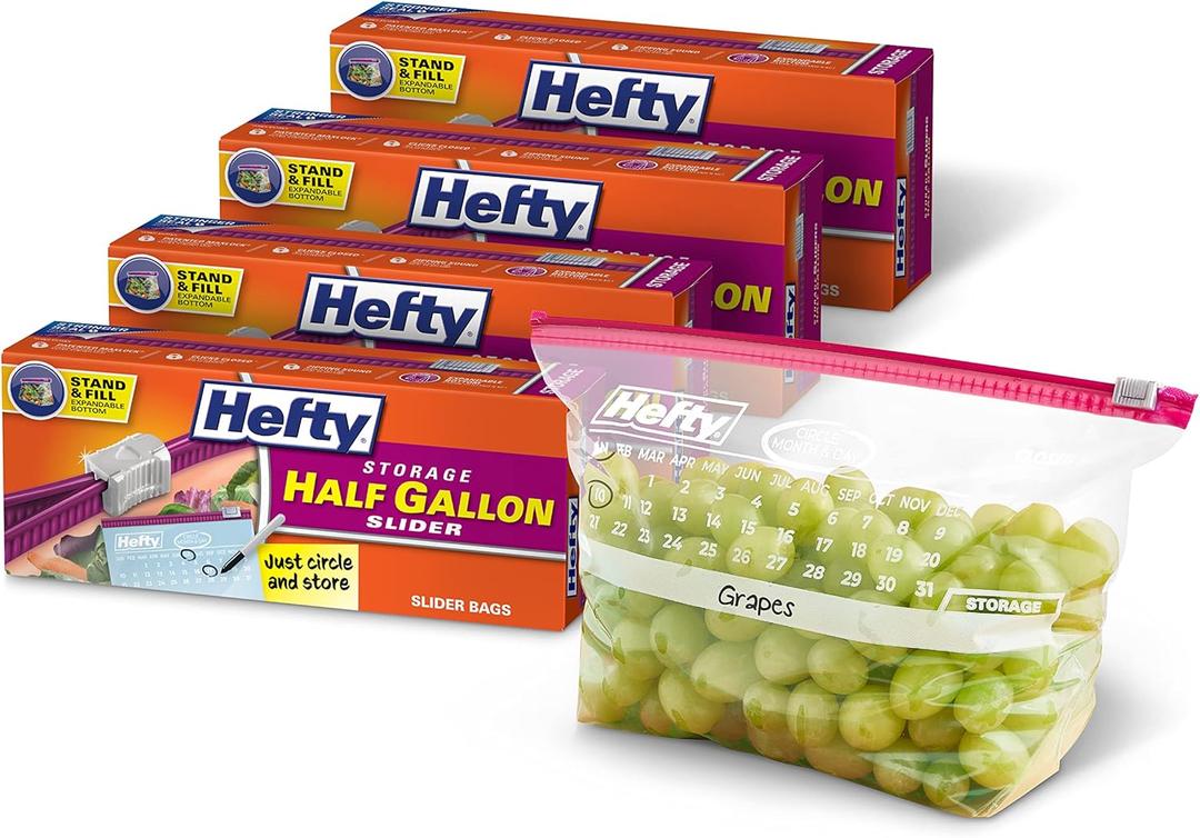 Hefty Slider Calendar Storage Bags, Half Gallon Size, 32 Count (Pack of 4), 128 Total