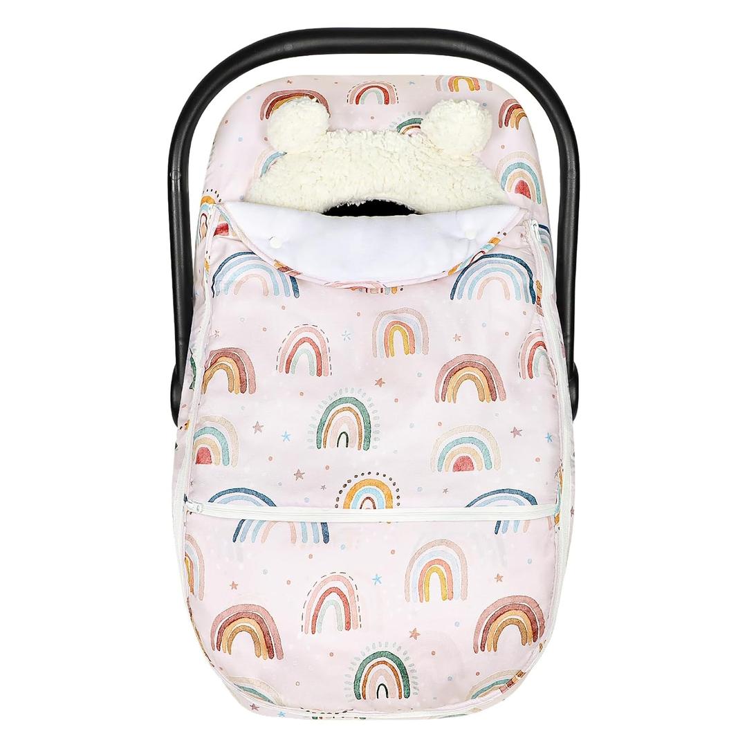 Winter Car Seat Cover Baby Girl Boy, Warm & Windproof Infant Carseat Cover Canopy Protect Baby from Cold Weather, Plush Fleece, Pink Rainbow