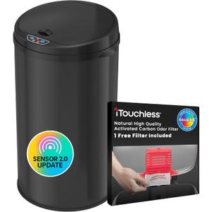 iTouchless 8 Gallon Black Stainless Steel Kitchen Trash Can with Sensor 2.0  Next Gen Touchless Lid, AbsorbX Odor Filter, Battery or AC Power, Automatic Garbage Bin for Home, Office, or Bathroom