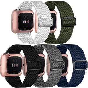5 Pack Bands Compatible with Fitbit Versa 2 Bands, Soft Adjustable Nylon Sport Band for Fitbit Versa Smart Watch Women Men (Dark Grey/Black/Navy Blue/White/Army Green)