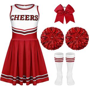 4 Pcs Girls Halloween Cheerleader Costume Outfit Set Fancy Dress for Kids Halloween Birthday Party (5 to 6 Years Old)