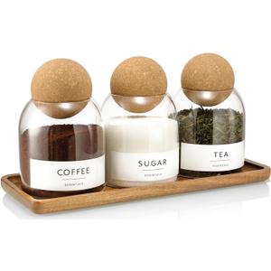 Glass Jars with Cork Lids, 3 Pack Small Decorative Jars with Acacia Tray, Bathroom Qtip and Cotton Ball Holder Set, Cute Coffee Bar Containers for Sugar Candy Tea, Apothecary Jars (17oz)