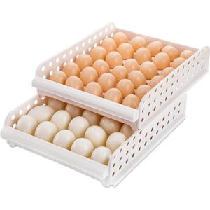 DEAYOU 60 Egg Drawer for Refrigerator, 2-Layer Stackable Egg Holder Storage Container for Countertop, Large Capacity Plastic Fresh Egg Tray Dispenser Organizer Keeper with Handle for Kitchen