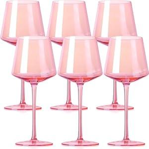 Physkoa Pink Wine Glasses Set of 6-16oz Hand-Blown Pink Wine Glass with Long Stem, Unique Red&White Wine Glasses For Christmas Party Home Bar