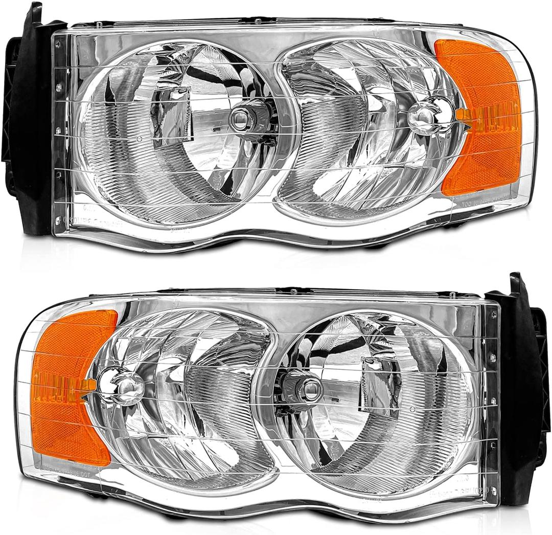 Headlight Assembly for 2002 2003 2004 2005 Dodge Ram 1500/2003-2005 Ram 2500 3500 Chrome Housing Clear Reflector Replacemen Left & Right