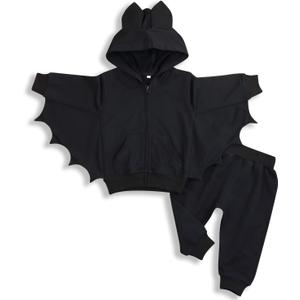 YOUNGER TREE Toddler Baby Girls Boys Halloween Outfit Black Bat Hoodies with Pocket Zipper Coat Pant Set Winter Clothes (3-4T)