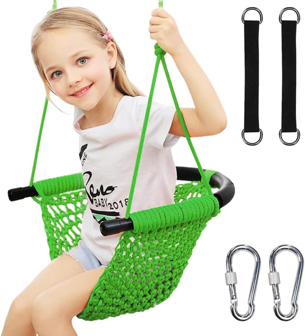 Hi-Na Tree Swing for Kids, Adjustable Toddler Rope Swing Seat with Snap Hooks and Straps, 440 lbs Capacity, Swingset Accessories for Indoor Porch Doorway Outdoor Playground Backyard (Green)