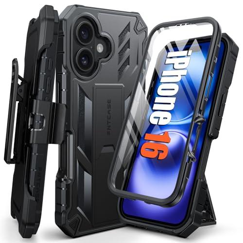 FNTCASE for iPhone 16 Phone Case: Rugged Protective Belt Clip Holster Heavy Duty with Built in Kickstand & Built-in Screen Protector | 360 Full Protection Shockproof Cover, 6.1inch (Black)