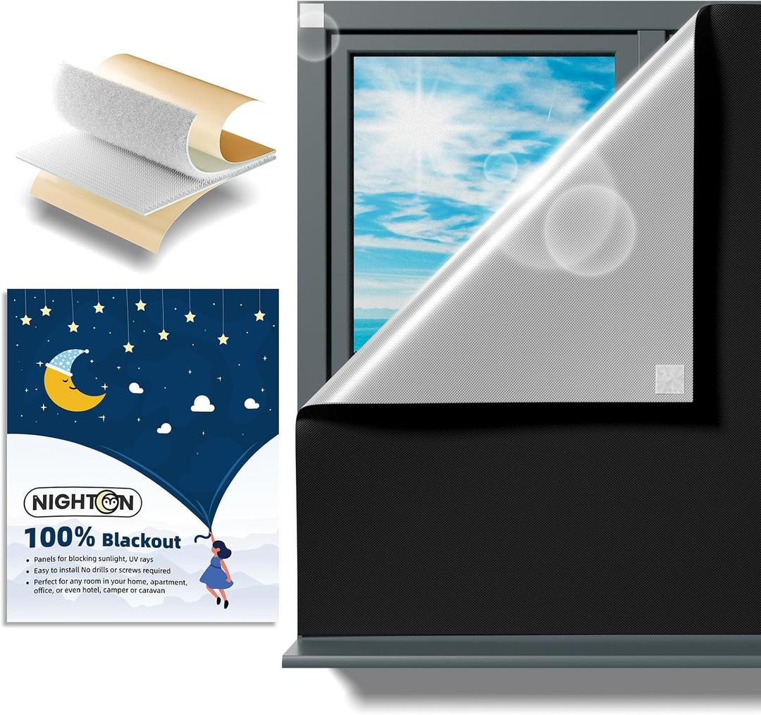 NIGHTON Portable Blackout Curtains 40"57" Strong Hook and Loop Tape Strips with Adhesive,Blackout Shades That can be Cut,100% Blackout Material Window Blinds for Baby Nursery or Travel Use-Black (57"W x 40"L (Pack of 1))