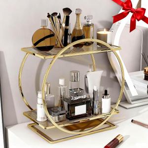 Perfume Organizer for Dresser, 2 Tier Bathroom Counter Organizers and Storage, Gold Makeup Organizer for Vanity, Bathroom Accessories & Decor, Skincare Perfume Trays Cosmetic Display Holder