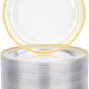 BESTVIP 100PCS 7 Inch Clear Plastic Dessert Plates, Small Disposable Salad Plate with Gold Rim, Heavy Duty Plastic Small Cakes Plates for Party, Wedding and Birthday, Events