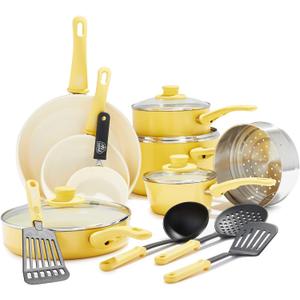 GreenLife Soft Grip 16 Piece Cookware Set, Non-Toxic PFAS-Free Ceramic Nonstick, Frying, Sauce, Saute, Utensils, Glass Lids, Stay-Cool Handles, Wobble Free, Dishwasher & Oven Safe, Yellow