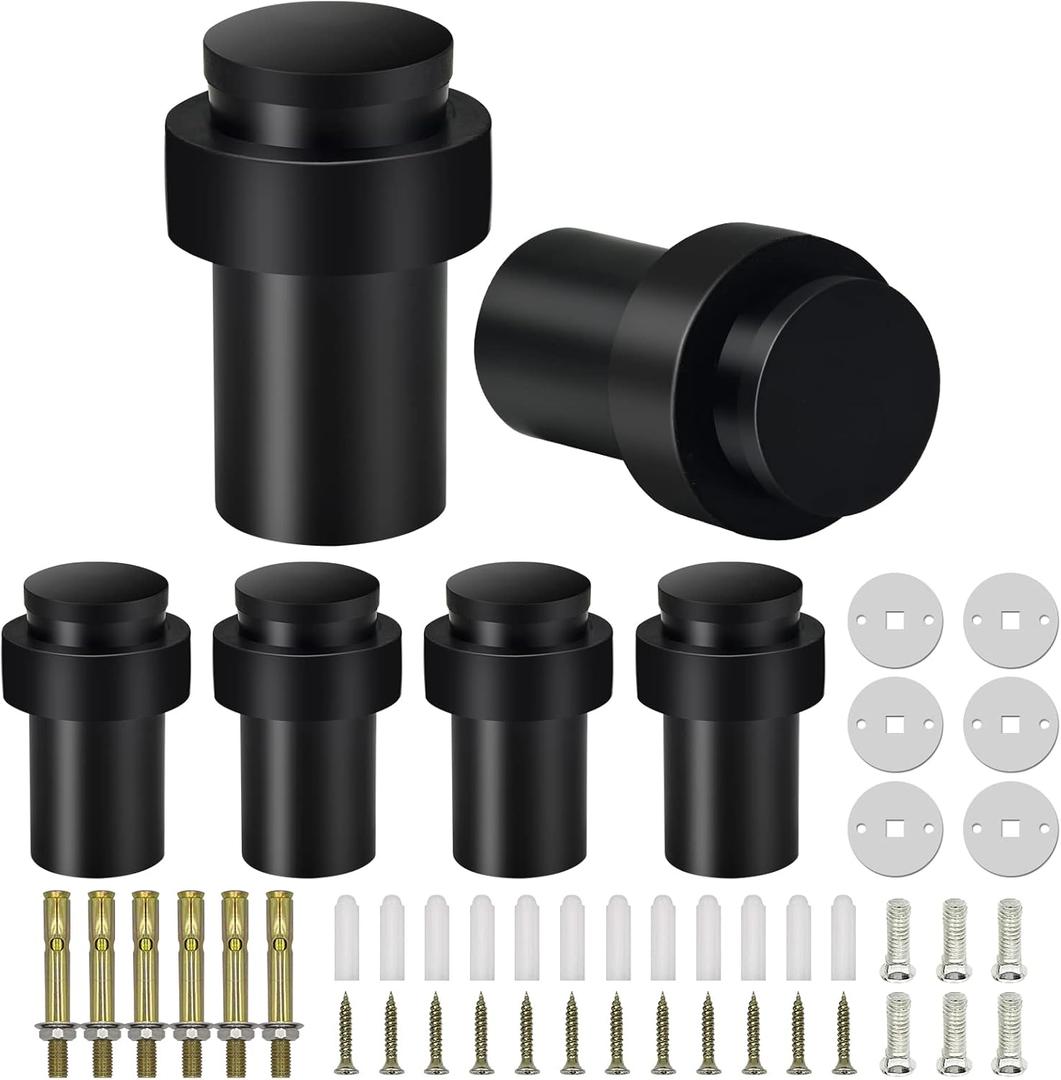 KOLAKO Door Stoppers, Cylindrical Floor Mount Door Stop Black Heavy Duty Door Stops Stainless Steel Safety Floor Doorstops for Wall 6 Pack (Black-2.5 Inch)