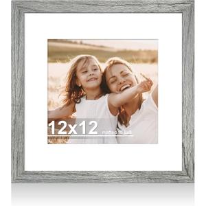 12x12 Picture Frame with Real Glass - 8x8 Wooden Frame with Mat, Horizontal and Vertical Display for Wall or Tabletop (Grey, 1 Pack)