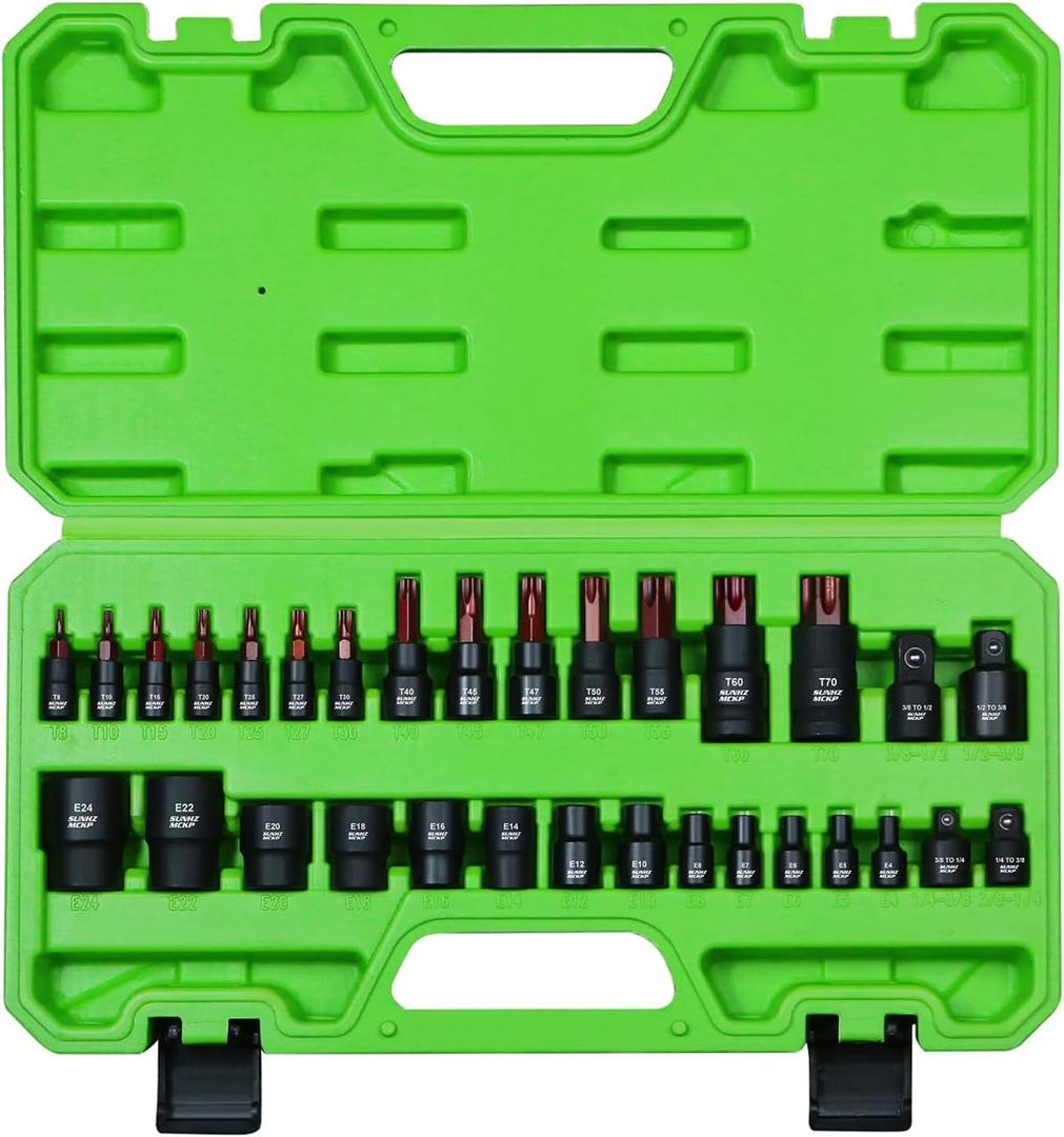 SUNHAMCKP 31 Piece Torx Bit and Socket Set, 14 Star Bits (T8- T70) & 13 E-Torx Sockets (E4-E24) and 4 Impact Socket Adapter, Professional Grade Tool Set for Automotive Mechanic, CR-V & S2 Steel