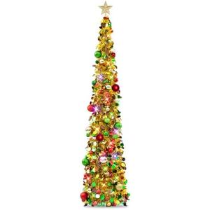 N&T NIETING Pop Up Christmas Tree with Lights & 40 Balls, 6Ft Collapsible Gold Mix Tinsel Tree Decorations for Holiday Home Office Decor, Gold
