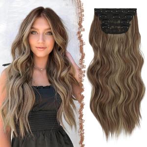 FESHFEN Clip in Hair Extensions - 4 PCS Long Wavy Thick Highlighted Clip in Hairpieces Synthetic Hair Extension for Women, Reddish Brown Mixed Ash Blonde 20 Inch