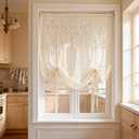 Romantic Floral Tie Up Curtains for Small Window Elegant Lace Balloon Sheer Curtain for Kitchen Bedroom Adjustable Sheer Curtain Valance for Bathroom Rod Pocket, 1 Panel (Beige,W52 L63 inch)