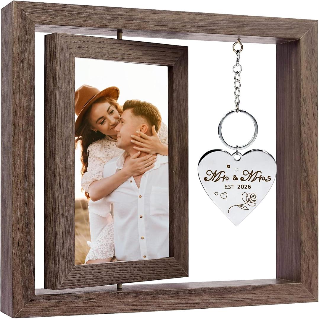 Wedding Gifts for Couples 2026,Rotating Floating Mr and Mrs Picture Frame,4x6 Rustic Picture Frame Engagement Gifts for Couples,Bridal Shower Gift for Bride to Be