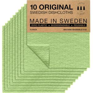 Pack of 10 SUPERSCANDI 10 Pack Swedish Dishcloths for Kitchen - 100% Biodegradable & Compostable Reusable Paper Towels Washable, Food-Safe & Without Plastic - Dish Rags Suitable for Any Surface, Apple Green