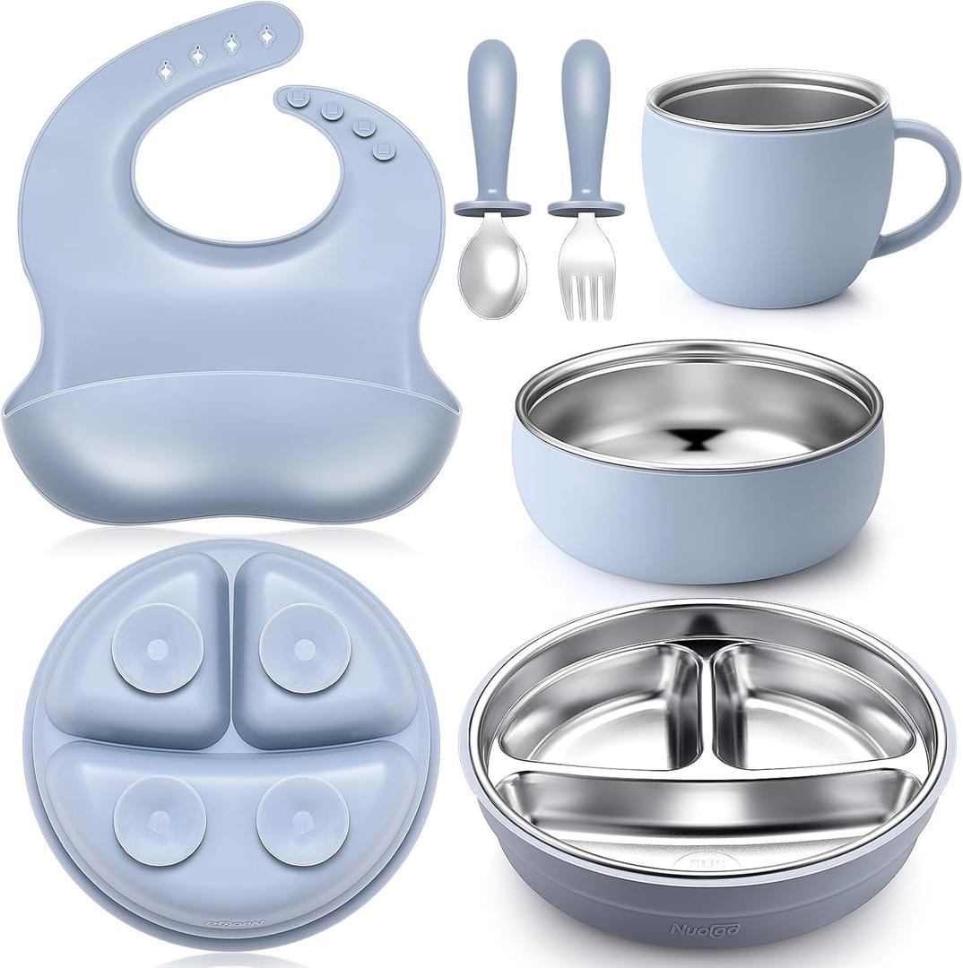 Nuogo 6 Pcs 304 Stainless Steel Kids Plates and Bowls Set Stainless Steel Suction Bowls and Toddler Cup with Removable Silicone, Forks Spoons Pocket Bib for Baby Toddle (Blue)