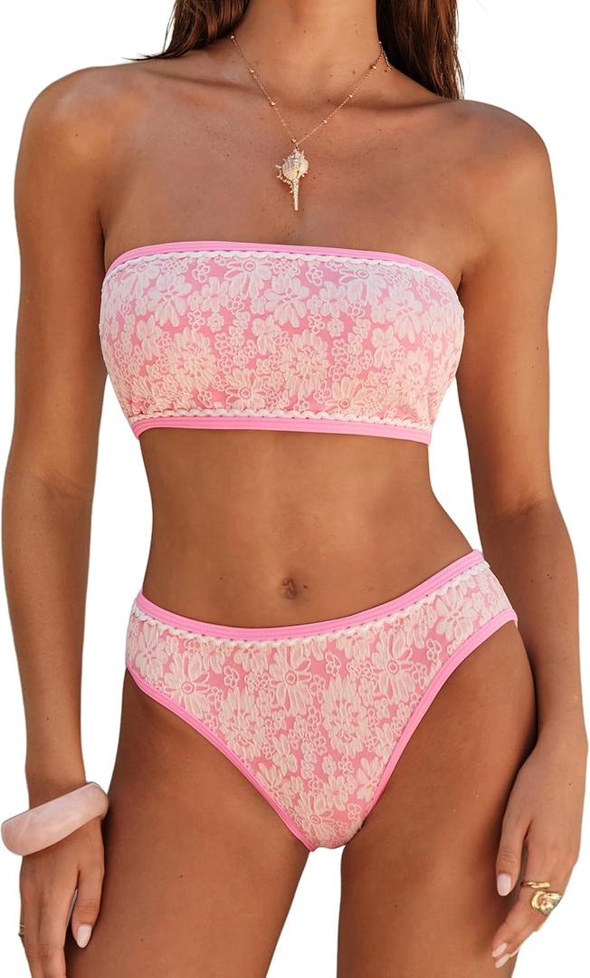 ZAFUL Bikini Set for Women Strapless Textured Bandeau Bikini Two Piece Swimsuit Lace up Bathing Suits (Pink, M)