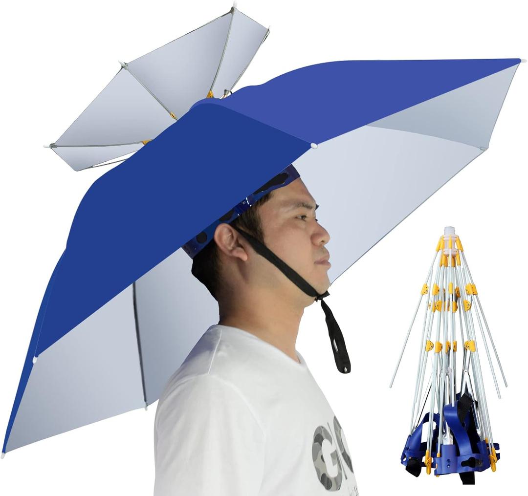 NEW-Vi Umbrella Hat Folding Adjustable Sun Rain Cap, 37.4” UPF 50+ UV Protection Large Hands Free Umbrellas, 7-Ribs Waterproof Headwear for Fishing Gardening Golf Sunshade Outdoor - Blue