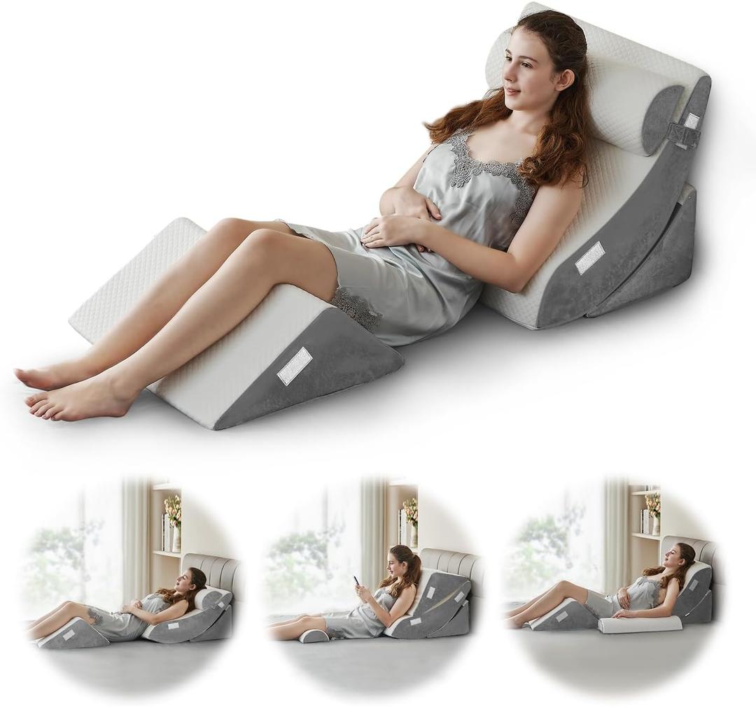 Ganaver 4pcs Orthopedic Bed Wedge Pillow Set Post Surgery Relaxing Back Adjustable Head Support Cushion Triangle Memory Foam Pillow for Acid Reflux Sleeping Reading Leg Elevation Snoring (White Grey)