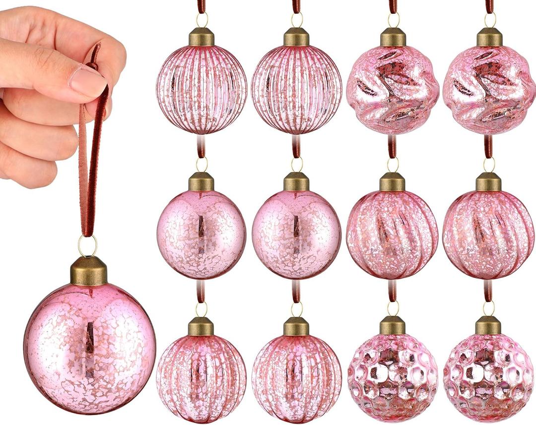 12 Pcs Vintage Mercury Glass Christmas Ball Ornaments 2.36 Inch Antique Embossed Ball Decorations Christmas Tree Hanging Decorations for Xmas Winter Holiday Decor Gifts (Pink)