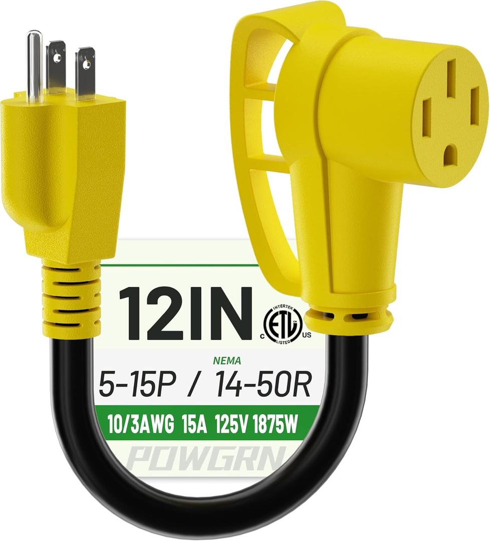 POWGRN NEMA 5-15P to NEMA 14-50R, RV 50 Amp to 110 Adapter 12 inch, Heavy Duty 10/3 Gauge RV Electrical Adapter, STW 10AWG 15A 125V 1875W, Black-Yellow, ETL Listed