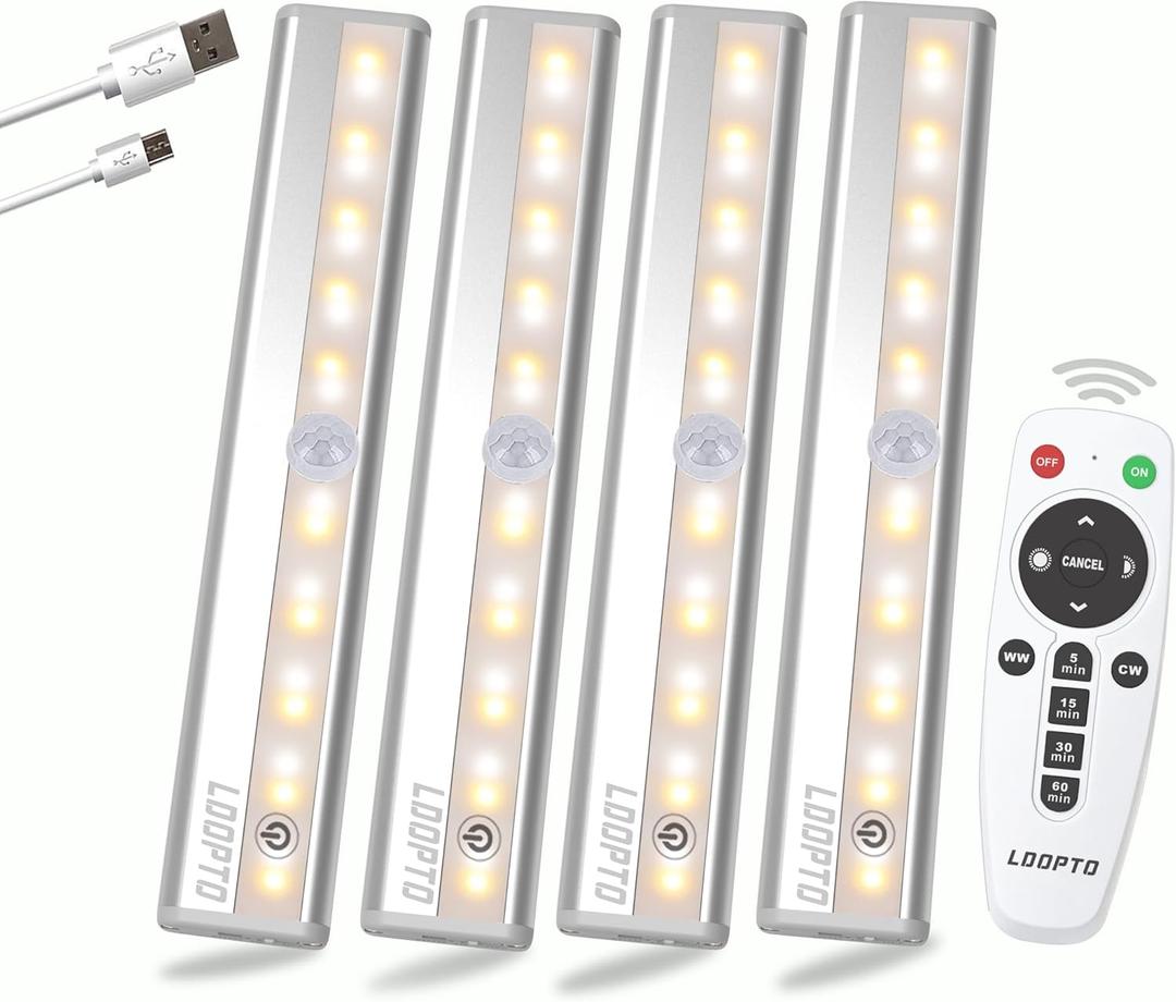 LDOPTO Under Cabinet Lights Wireless 4 Pack, Rechargeable Battery Operated Lights with Remote, Dimmable Led Closet Lights, Under Counter Lights Stick-on Touch Night Light for Kitchen, 3 Colors