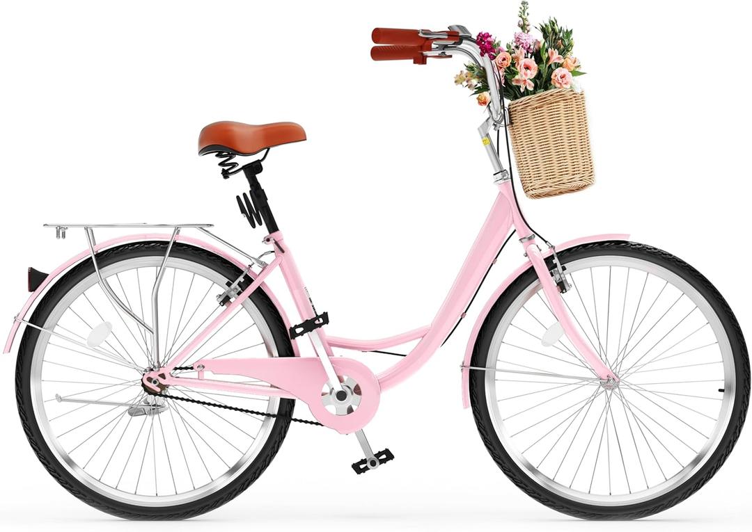Beach Cruiser Bike for Women, 24 & 26 inch Commute Bike for Adults, 1 & 7 Speed Womens Bicycle with Basket Adjustable Seat, Multiple Color (pink)